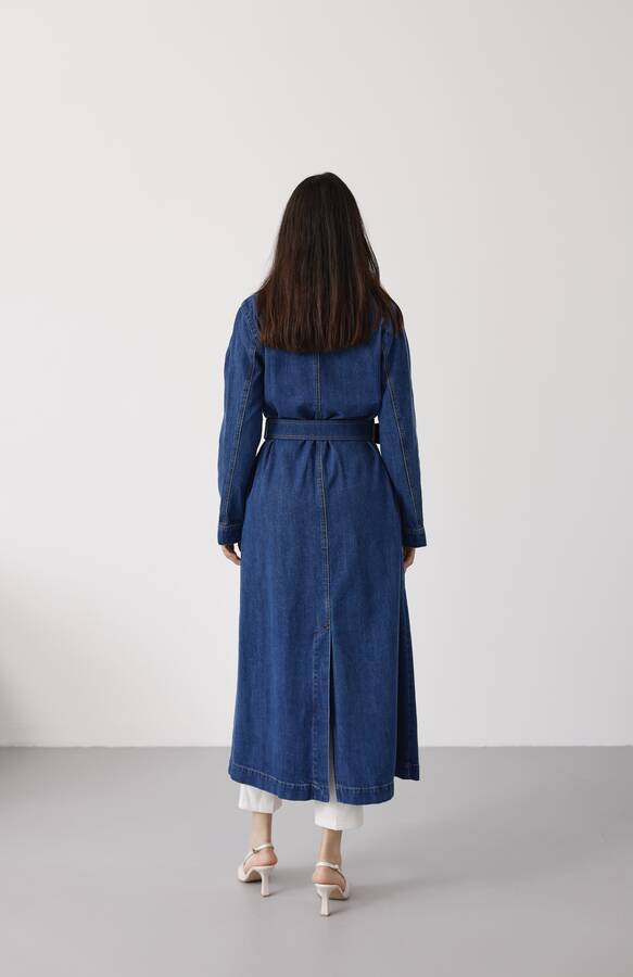 6669-Denim Kemerli Trençkot Koyu Mavi