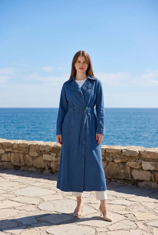 6669-Denim Kemerli Trençkot Koyu Mavi