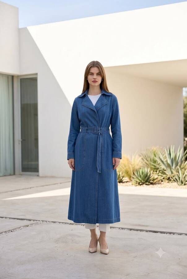 6669-Denim Kemerli Trençkot Koyu Mavi