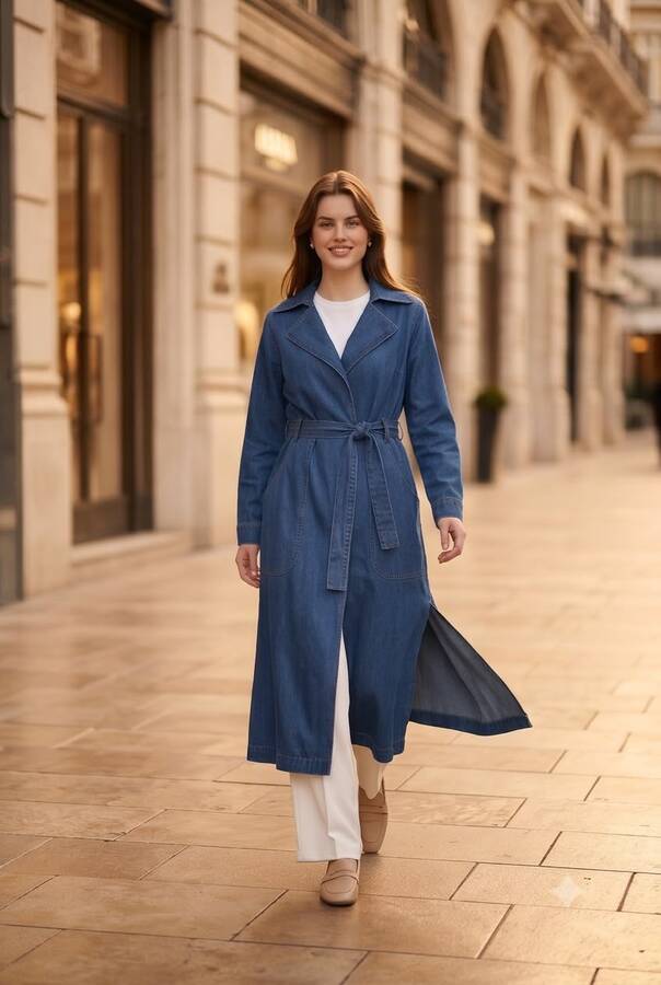 6669-Denim Kemerli Trençkot Koyu Mavi