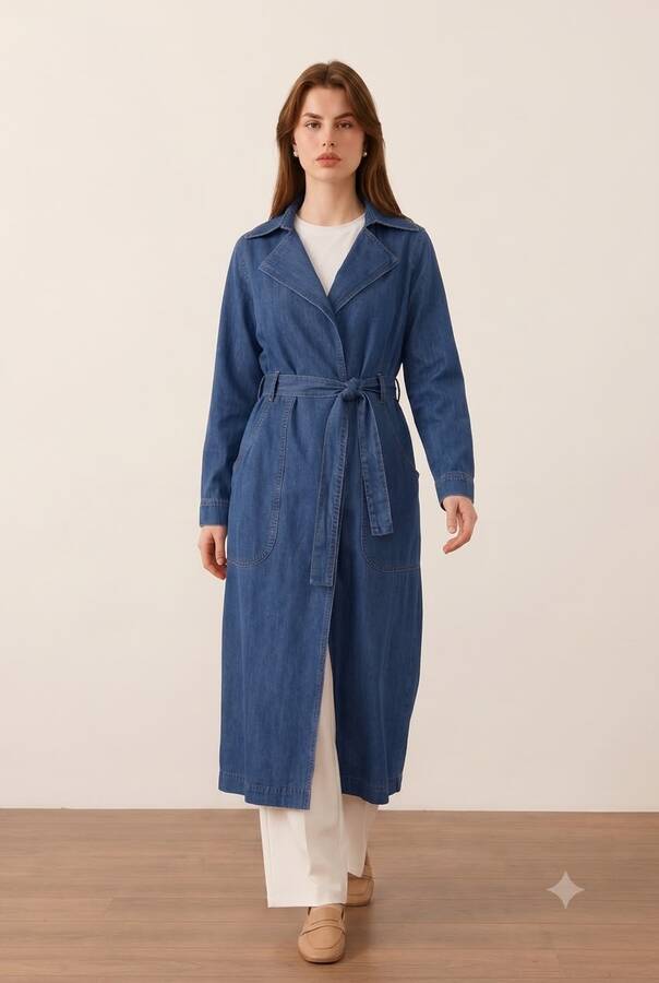 6669-Denim Kemerli Trençkot Koyu Mavi