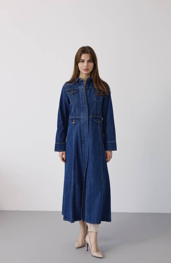 6670-Uzun Yakalı Patlı Trençkot Koyu Mavi