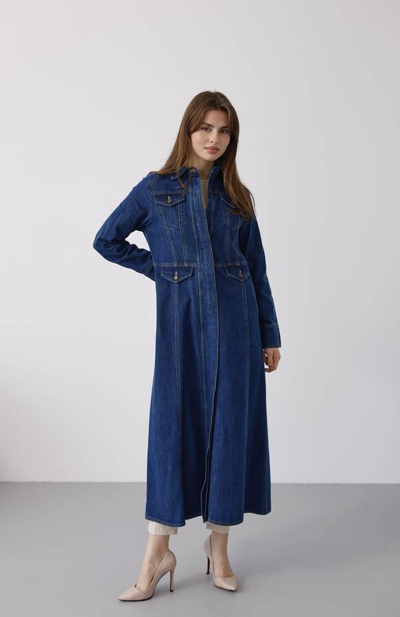 6670-Uzun Yakalı Patlı Trençkot Koyu Mavi