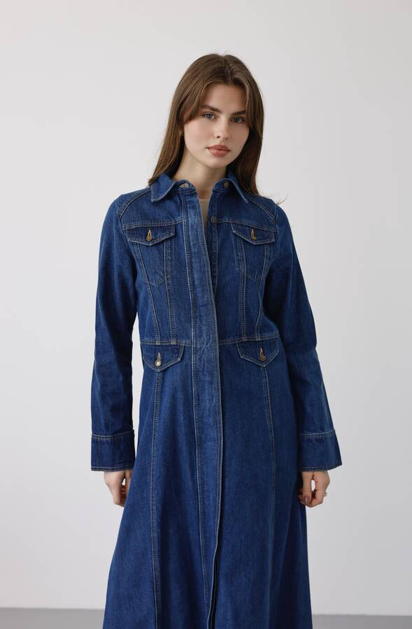 6670-Uzun Yakalı Patlı Trençkot Koyu Mavi