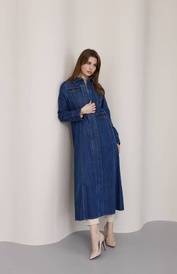 6670-Uzun Yakalı Patlı Trençkot Koyu Mavi