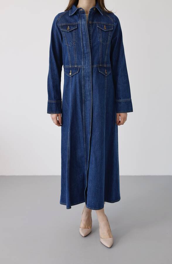 6670-Uzun Yakalı Patlı Trençkot Koyu Mavi