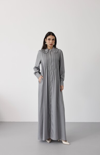 Neways - 6671-Fermuarlı Nervürlü Yaka fırıfırlı Ferace Gri