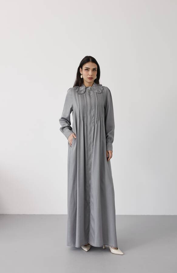 6671-Fermuarlı Nervürlü Yaka fırıfırlı Ferace Gri