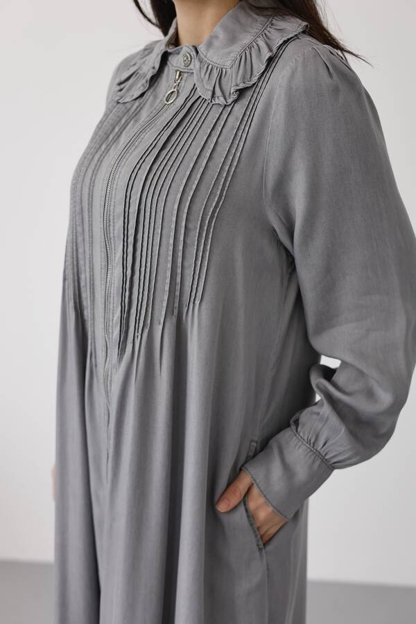 6671-Fermuarlı Nervürlü Yaka fırıfırlı Ferace Gri