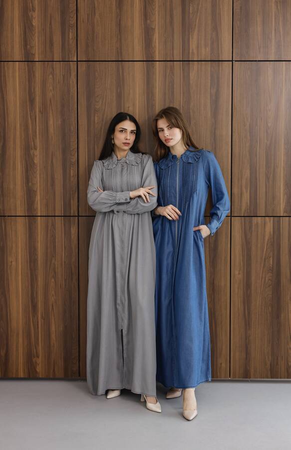 6671-Fermuarlı Nervürlü Yaka fırıfırlı Ferace Gri