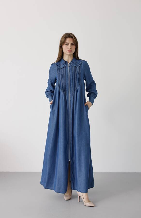 6671-Fermuarlı Nervürlü Yaka fırıfırlı Ferace Koyu Mavi