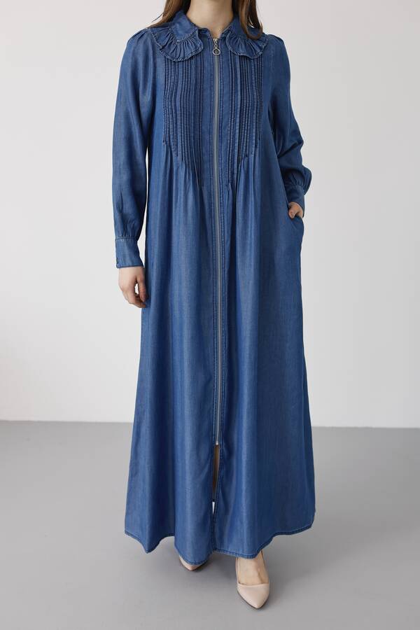 6671-Fermuarlı Nervürlü Yaka fırıfırlı Ferace Koyu Mavi