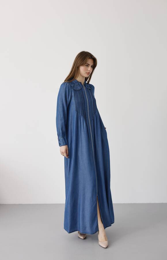 6671-Fermuarlı Nervürlü Yaka fırıfırlı Ferace Koyu Mavi