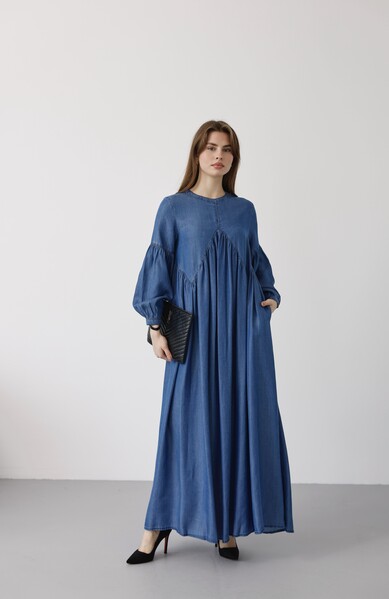 Neways - 6672- Büzgülü Tensel Elbise Koyu Mavi