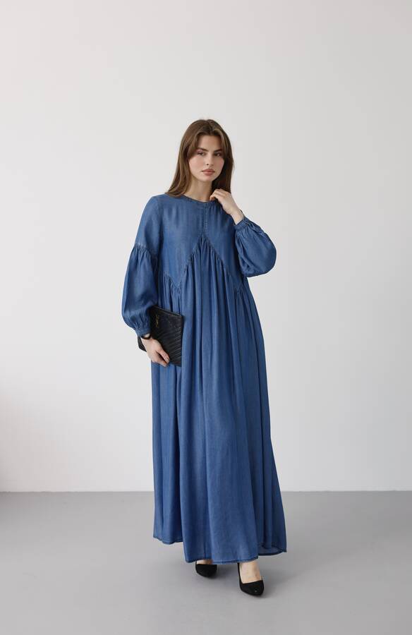 6672- Büzgülü Tensel Elbise Koyu Mavi