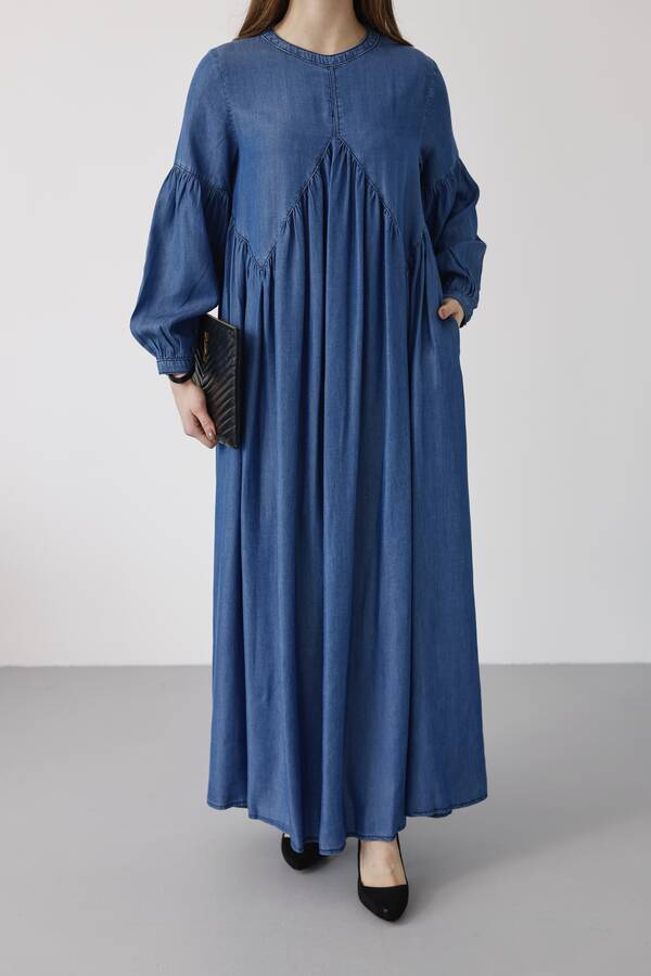 6672- Büzgülü Tensel Elbise Koyu Mavi