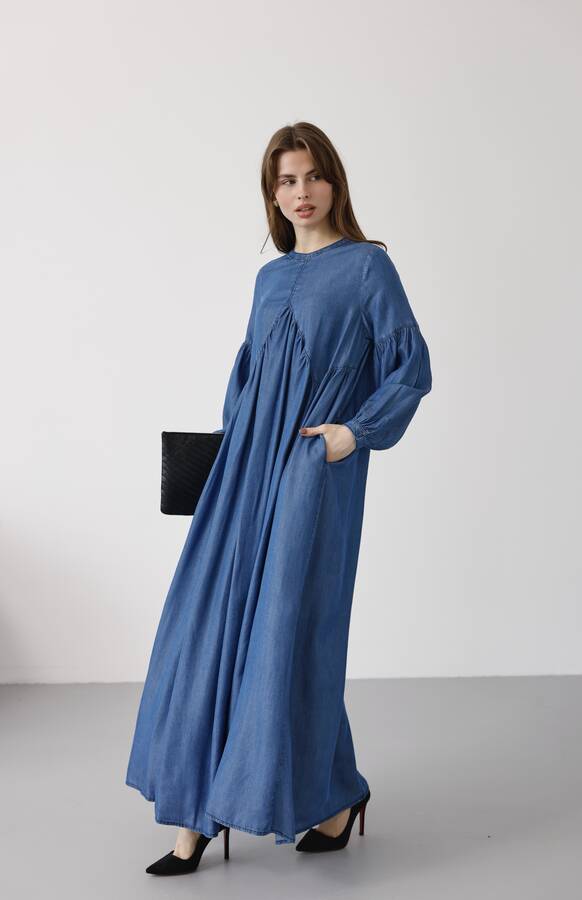 6672- Büzgülü Tensel Elbise Koyu Mavi
