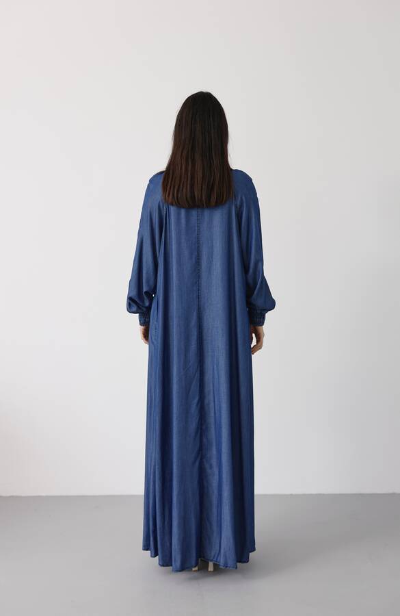 6672- Büzgülü Tensel Elbise Koyu Mavi