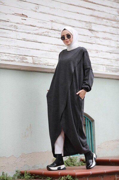 Neways - 8023-Kapşonlu Triko Tunik Antrasit