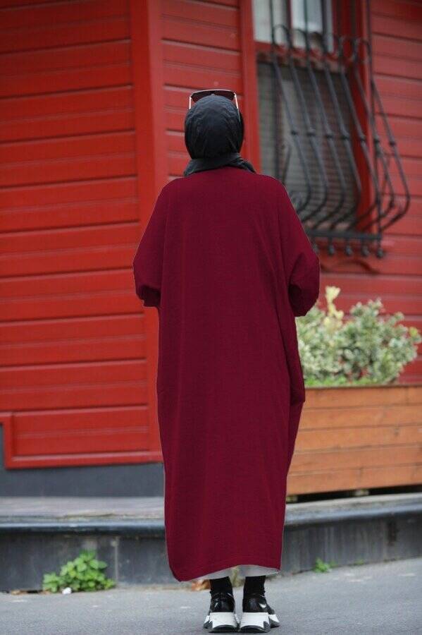 8023-Kapşonlu Triko Tunik Bordo