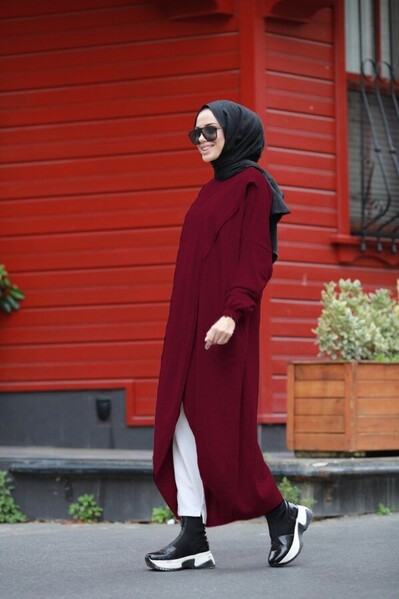 Neways - 8023-Kapşonlu Triko Tunik Bordo