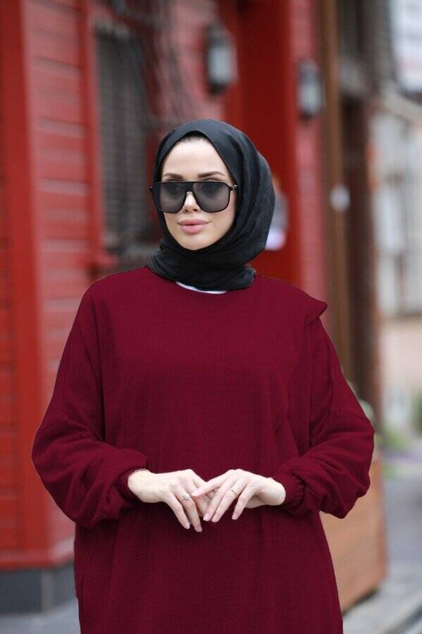8023-Kapşonlu Triko Tunik Bordo