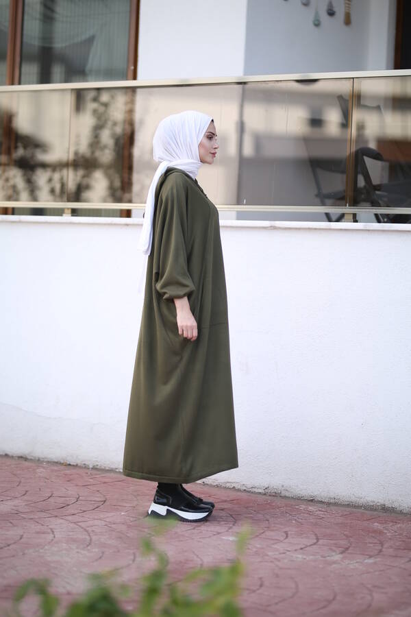 8023-Kapşonlu Triko Tunik Haki