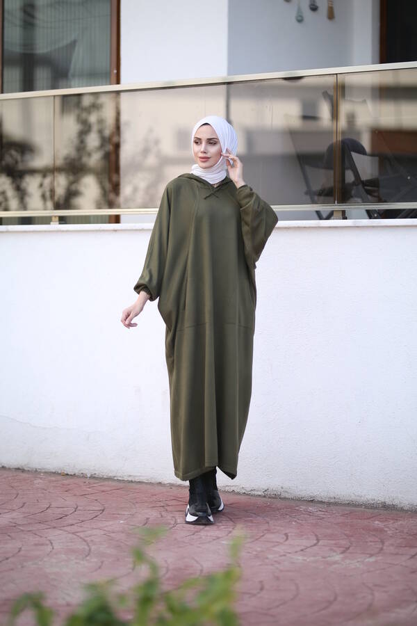 8023-Kapşonlu Triko Tunik Haki