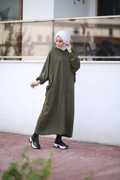 Neways - 8023-Kapşonlu Triko Tunik Haki
