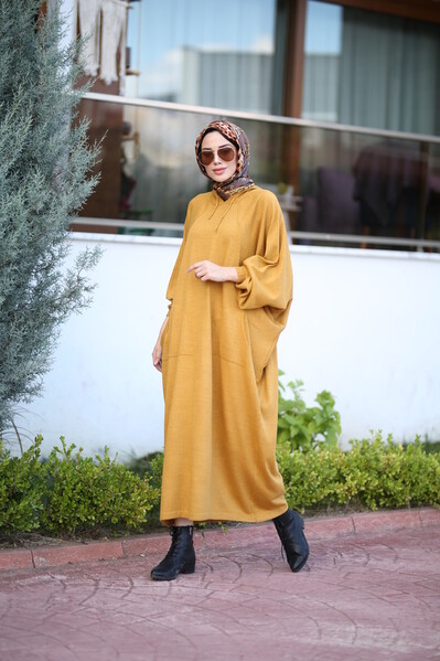 Neways - 8023-Kapşonlu Triko Tunik Hardal