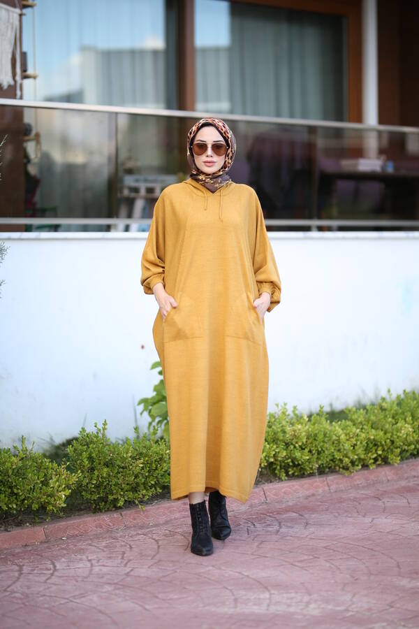 8023-Kapşonlu Triko Tunik Hardal