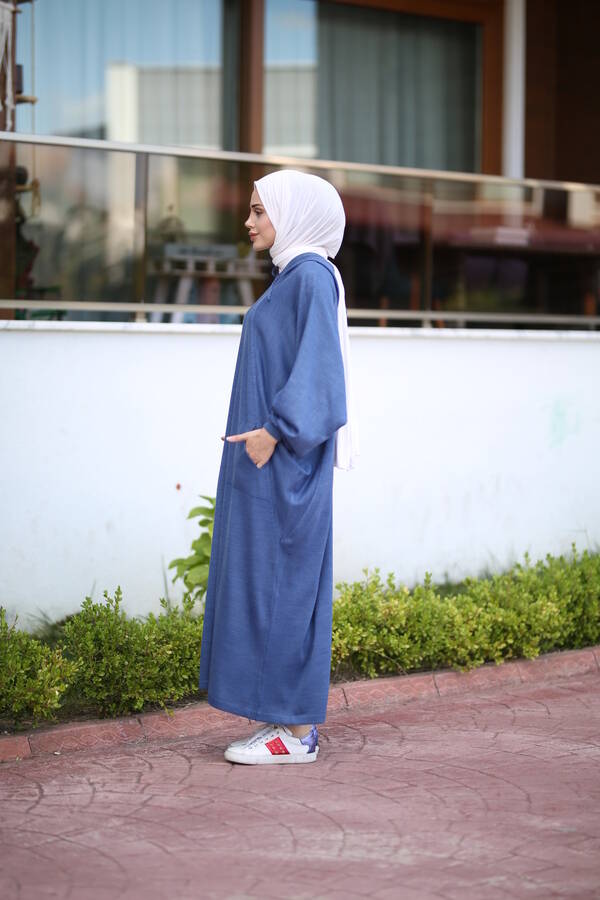 8023-Kapşonlu Triko Tunik İndigo