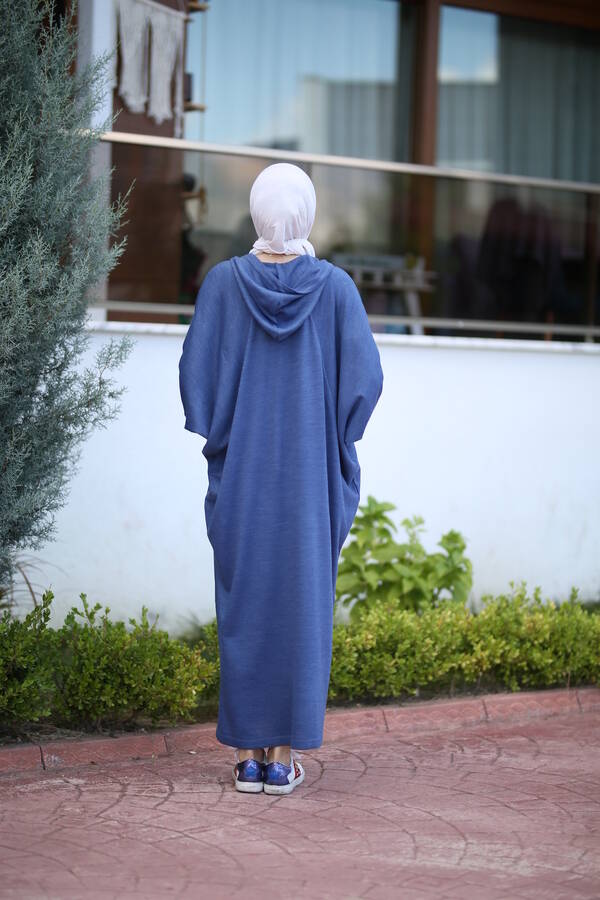 8023-Kapşonlu Triko Tunik İndigo