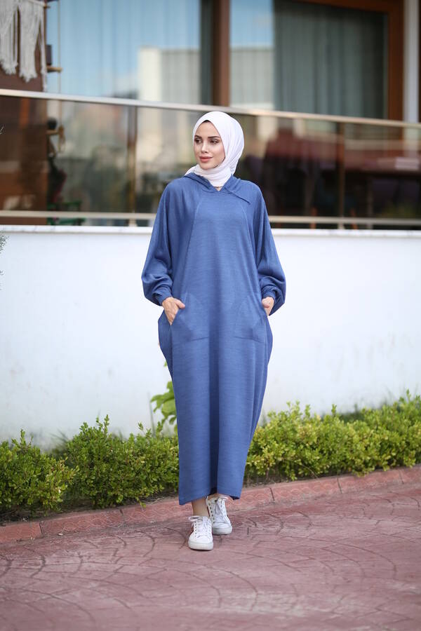 8023-Kapşonlu Triko Tunik İndigo
