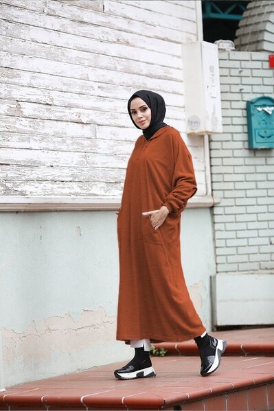 Neways - 8023-Kapşonlu Triko Tunik Kiremit