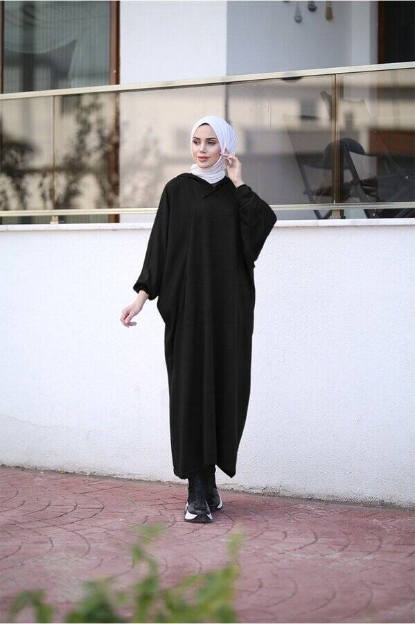 8023-Kapşonlu Triko Tunik Siyah