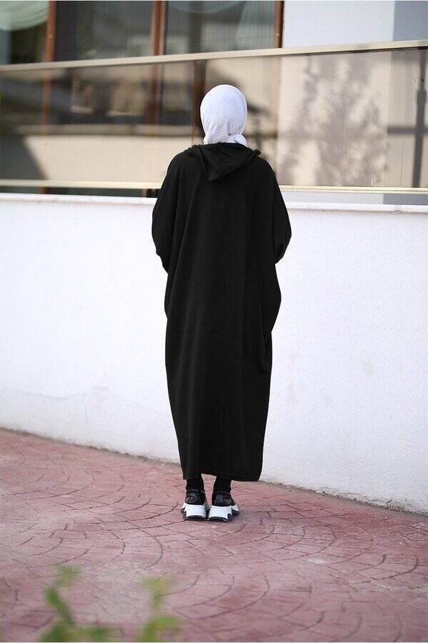 8023-Kapşonlu Triko Tunik Siyah
