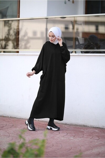Neways - 8023-Kapşonlu Triko Tunik Siyah