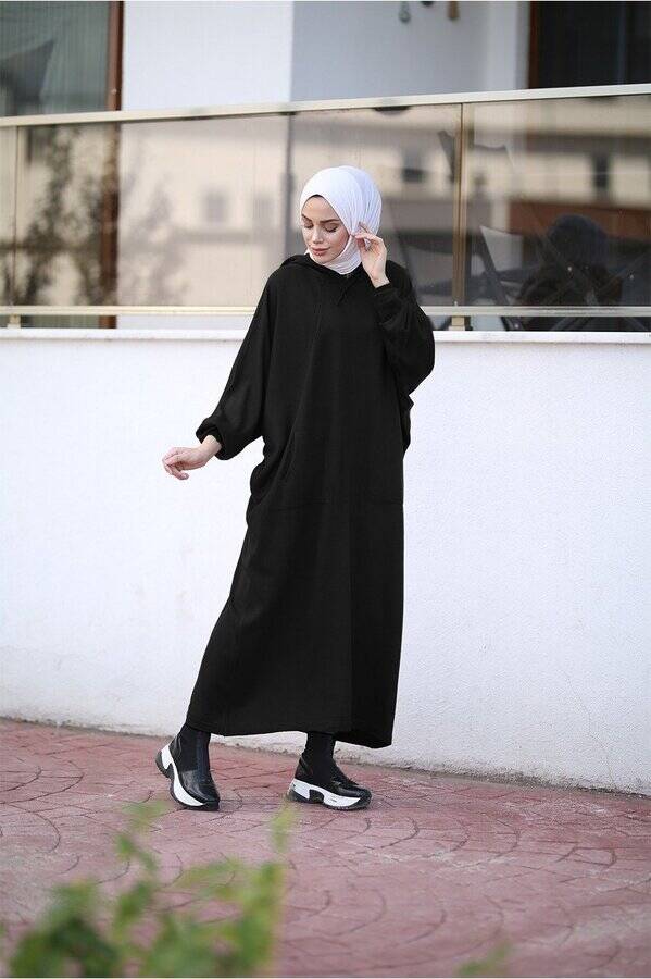8023-Kapşonlu Triko Tunik Siyah