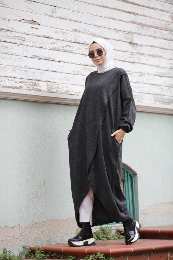 8024 - Çaprazlı Triko Tunik Antrasit