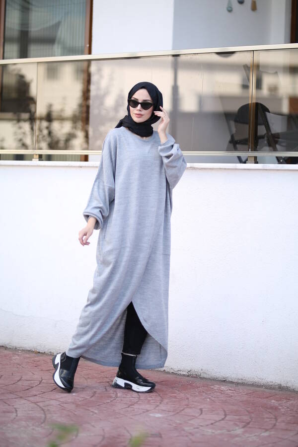 8024 - Çaprazlı Triko Tunik Gri