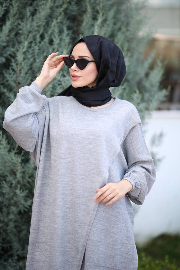 8024 - Çaprazlı Triko Tunik Gri