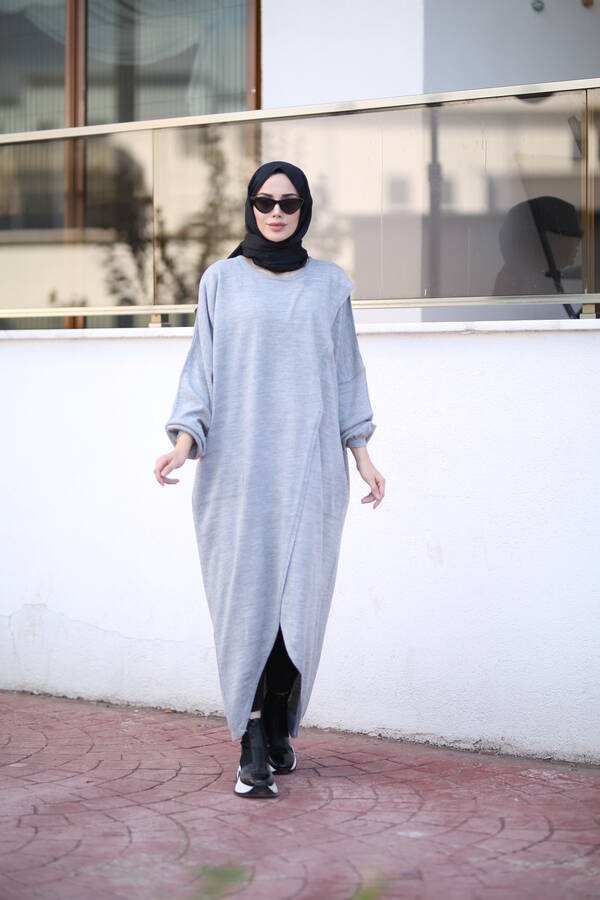 8024 - Çaprazlı Triko Tunik Gri