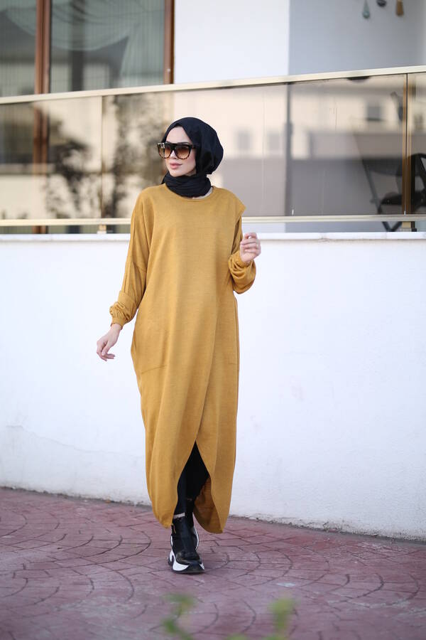 8024 - Çaprazlı Triko Tunik Hardal