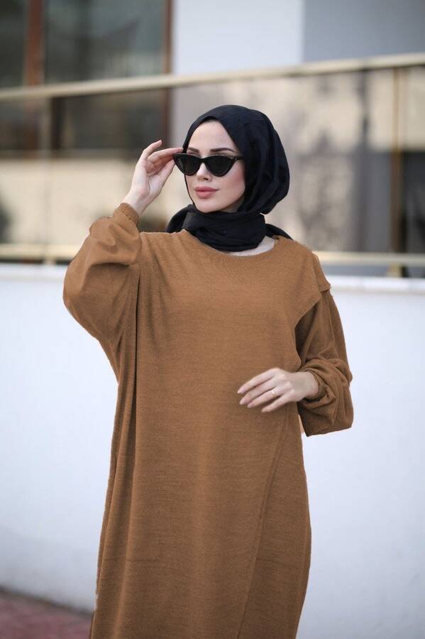 8024 - Çaprazlı Triko Tunik Karamel