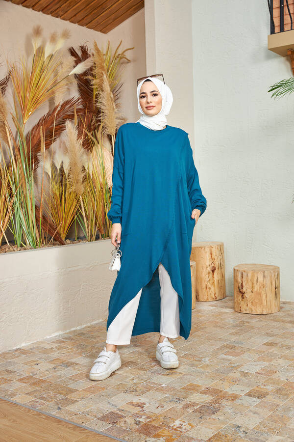 8024 - Çaprazlı Triko Tunik Petrol