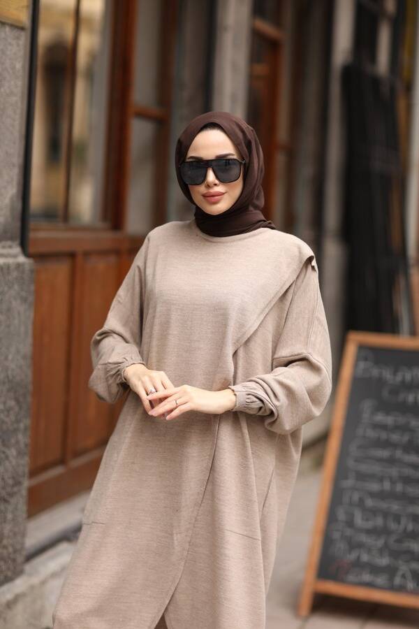 8024 - Çaprazlı Triko Tunik Vizon