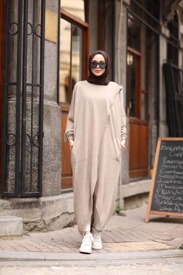 8024 - Çaprazlı Triko Tunik Vizon