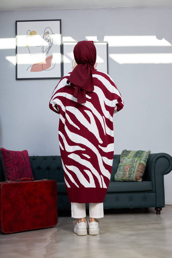 8035-Zebra Triko Tunik Bordo - Ekru