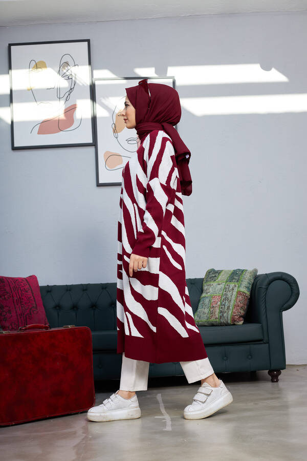 8035-Zebra Triko Tunik Bordo - Ekru